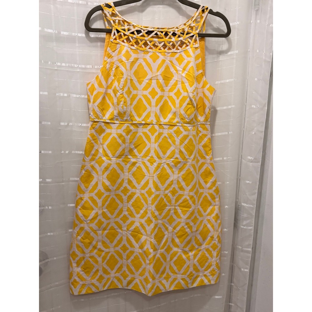 Lilly Pulitzer Yellow White Lattice Neck Silk Cotton Shift Dress Size 10